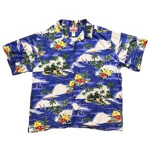 Vintage RJC Hawaiian Shirt Blue Island Palm Tree Cotton Men's 4X 4XL